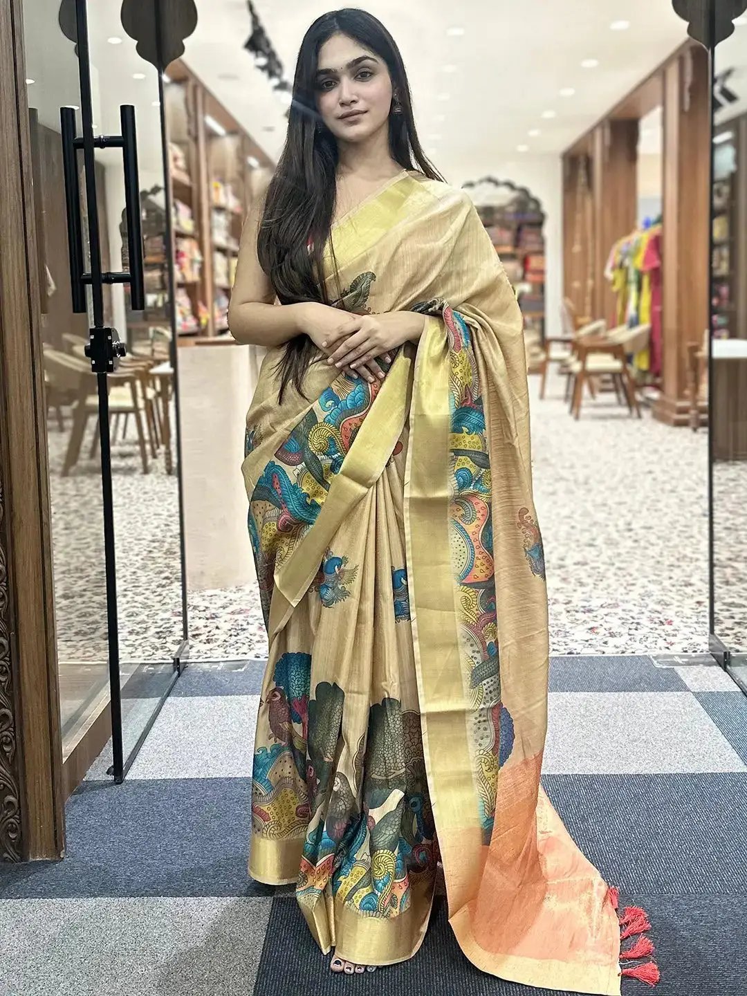 Incredible Pen Kalamkari Linen Tissue Soft Saree by My Store