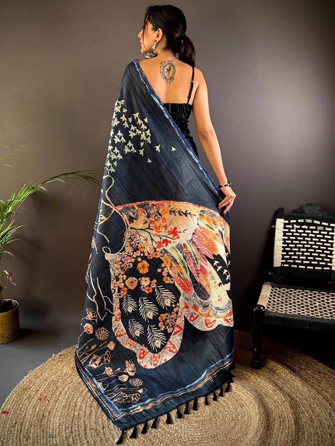 Deep Teal Monochromatic Botanical Print Saree by My Store
