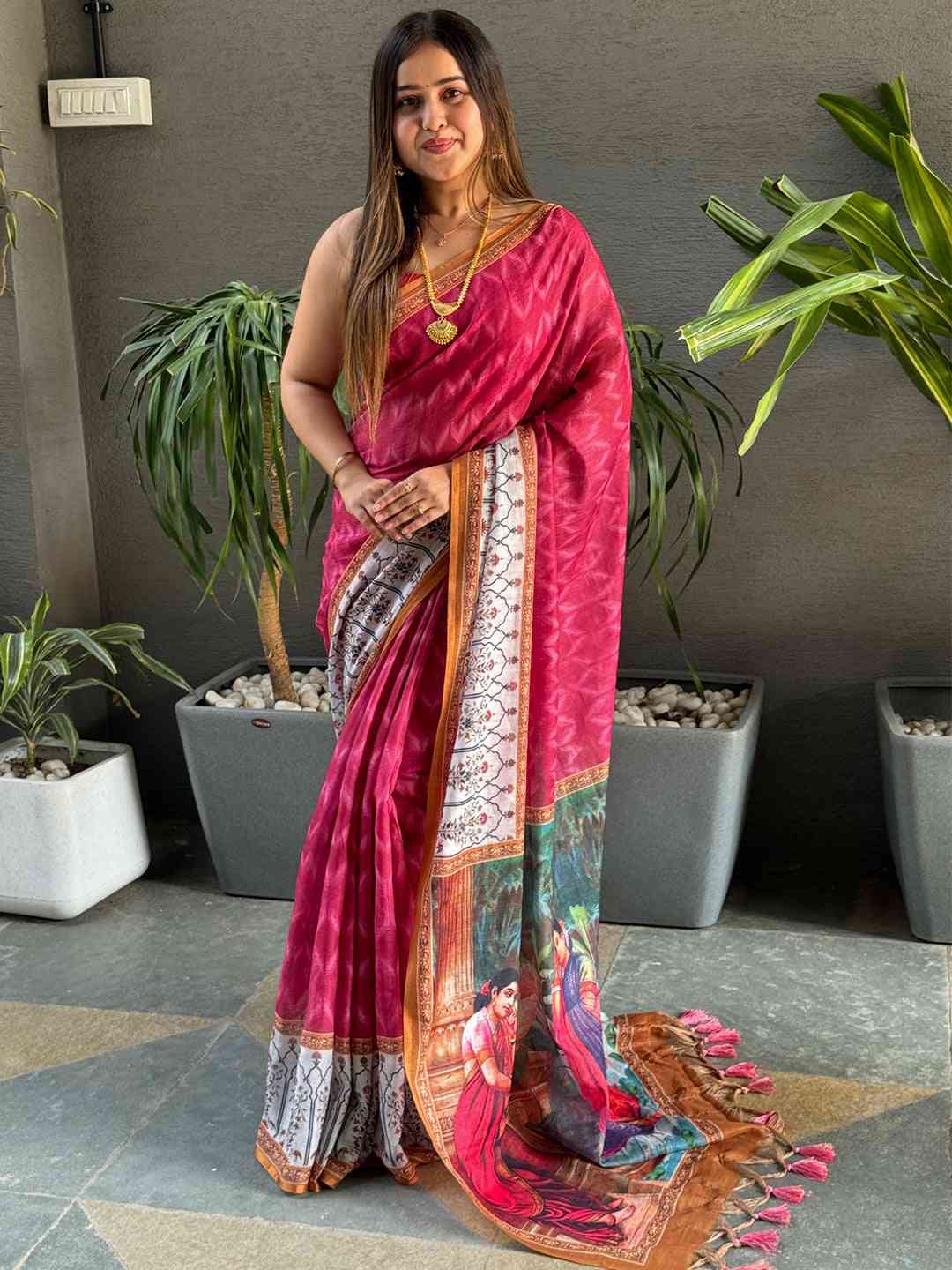 Rani Colour Ikkat Print Saree With kalamkari Block Print Design by My Store