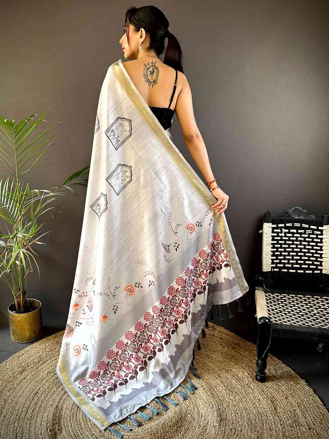 Grey Forest Phulkari Kalamkari Print Saree by My Store