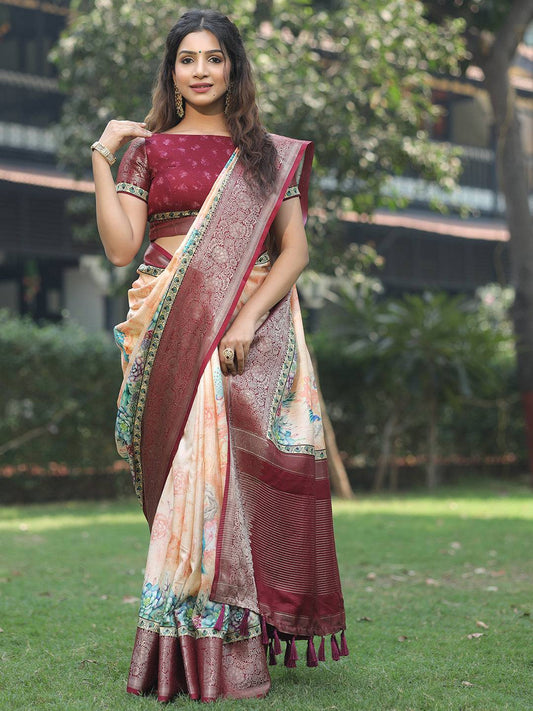 Peach Colour Phulkari Design Zari Weaving Pallu Saree - Luxe by My Store