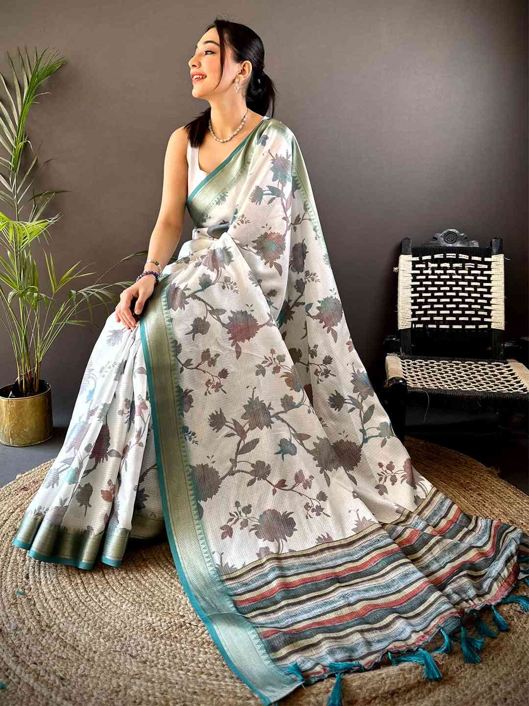 Rama Kota Doriya Floral Print Saree by My Store