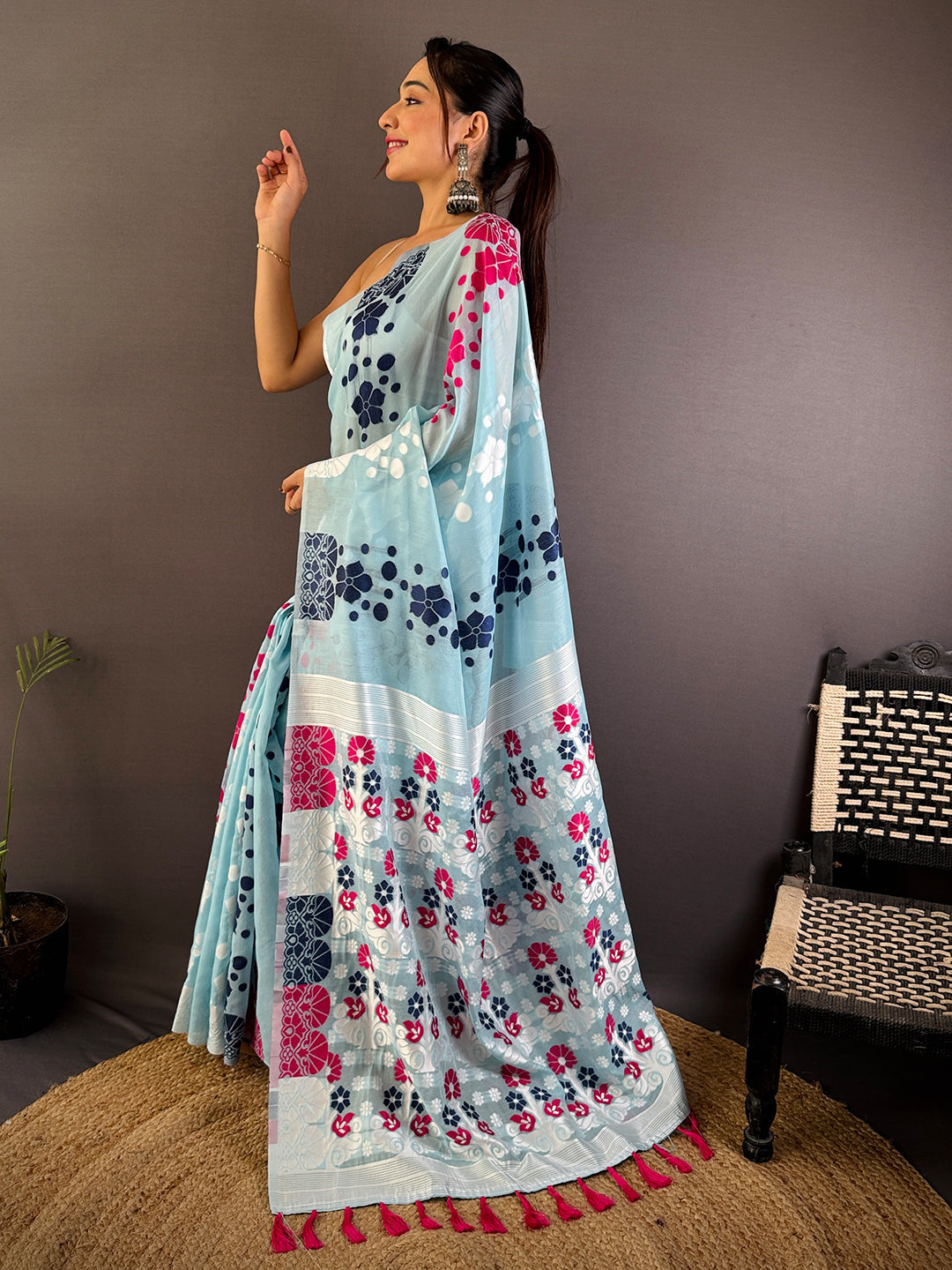 Blue Dhakai Jamdani Cotton Silk Saree