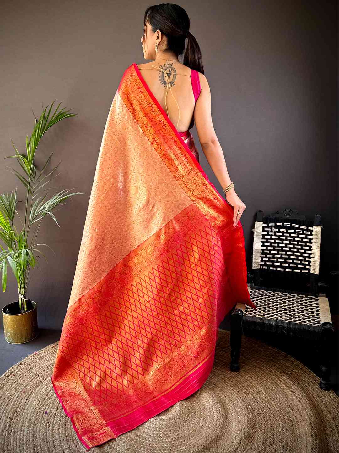 Gold Zari Floral Saree in Pink by My Store