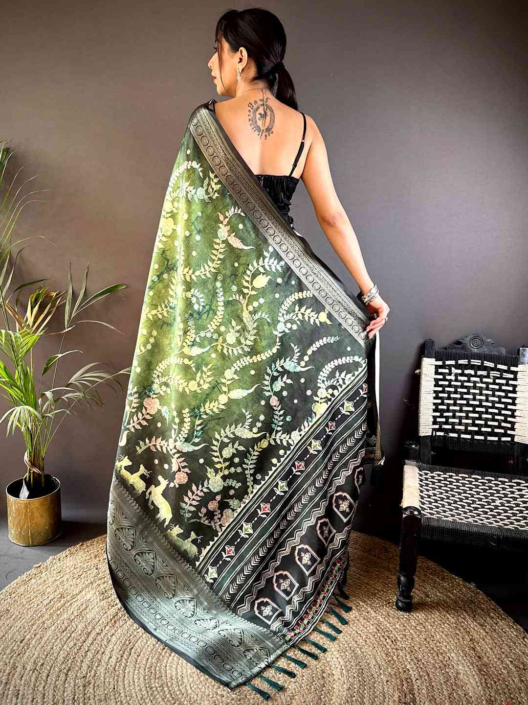 Green Floral Animal Batik Soft Silk Saree by My Store
