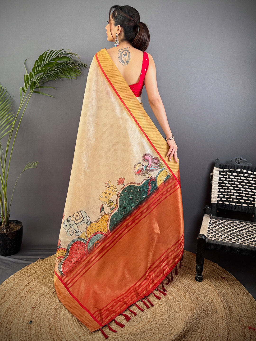 Cream Tussar Silk Kalamkari Print Saree by My Store