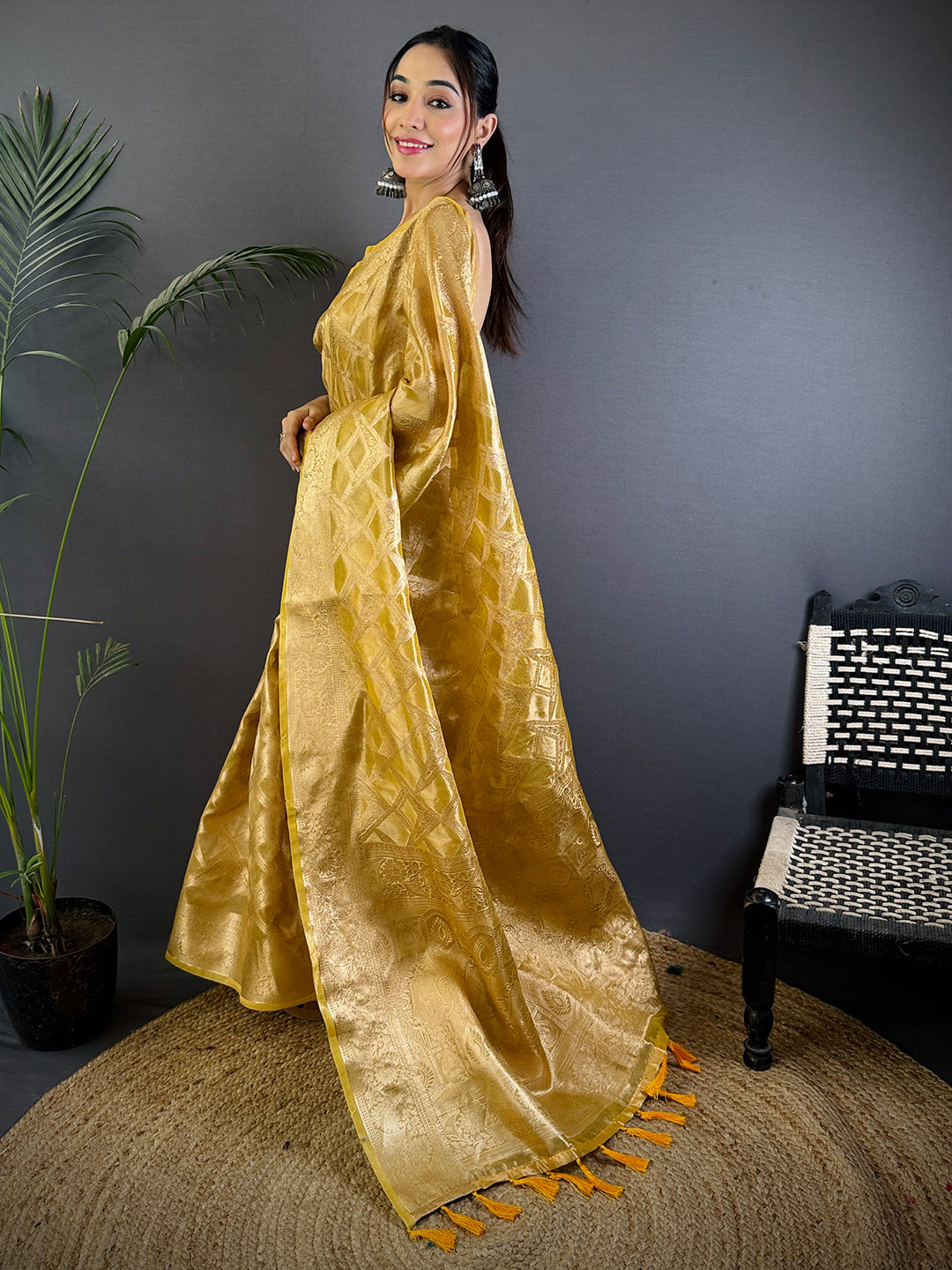 Yellow Tissue Jarokha Zari Weaving Saree
