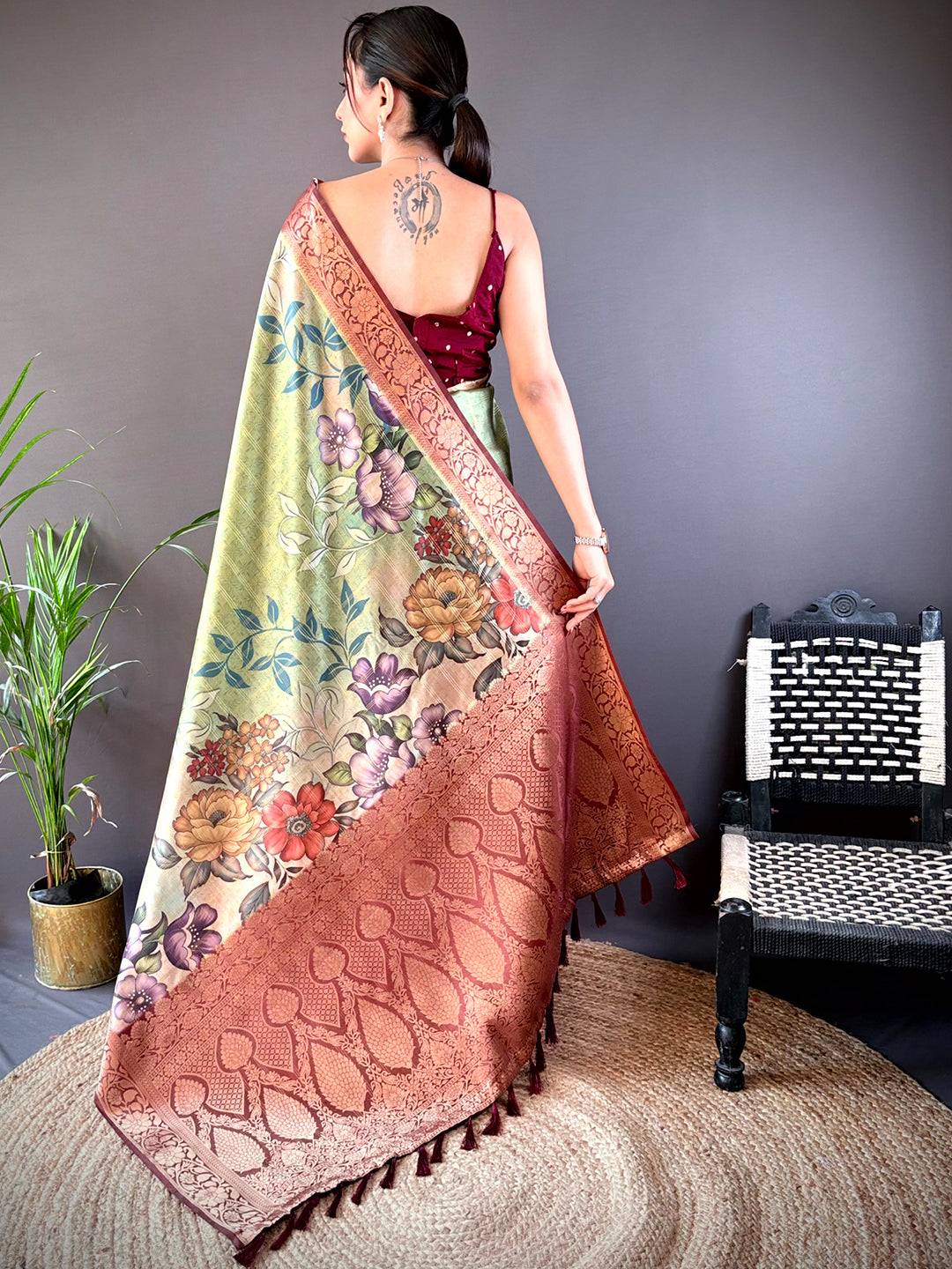 Olive Ombre Floral Digital Print Saree by My Store