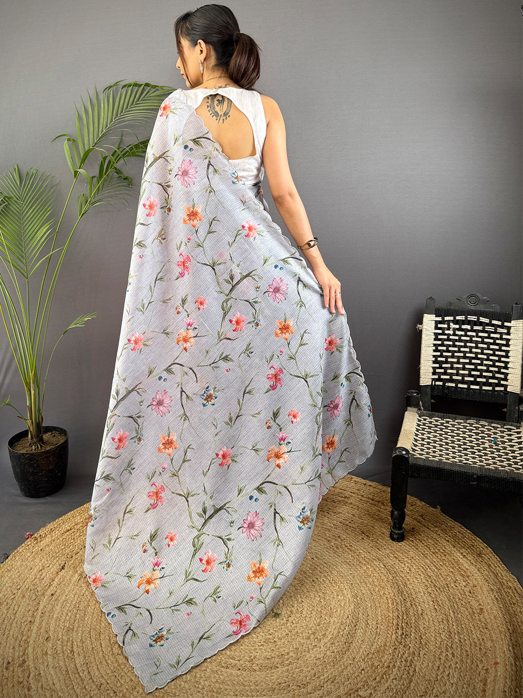 Grey Soft Kota Floral Print Saree by My Store