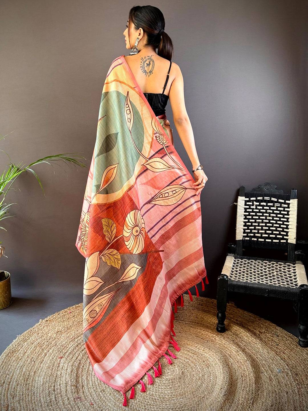 Rose Pink Zari Tussar Printed Saree by My Store