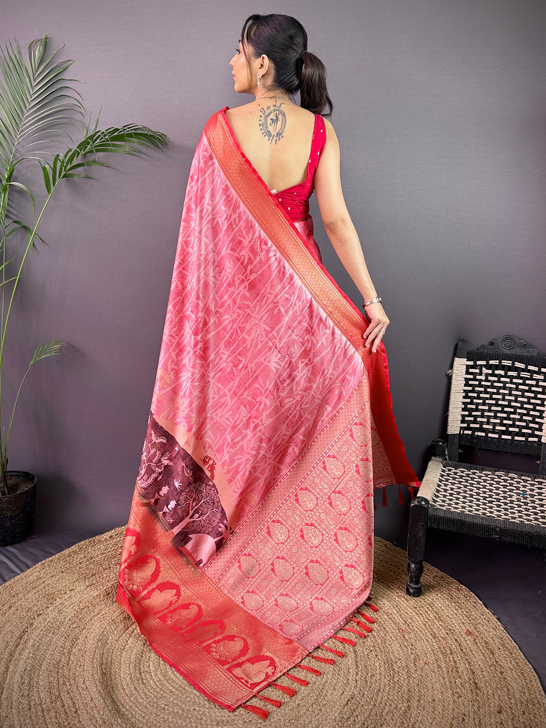Radiance Soft Cherry Satin Kalamkari Print Saree by My Store
