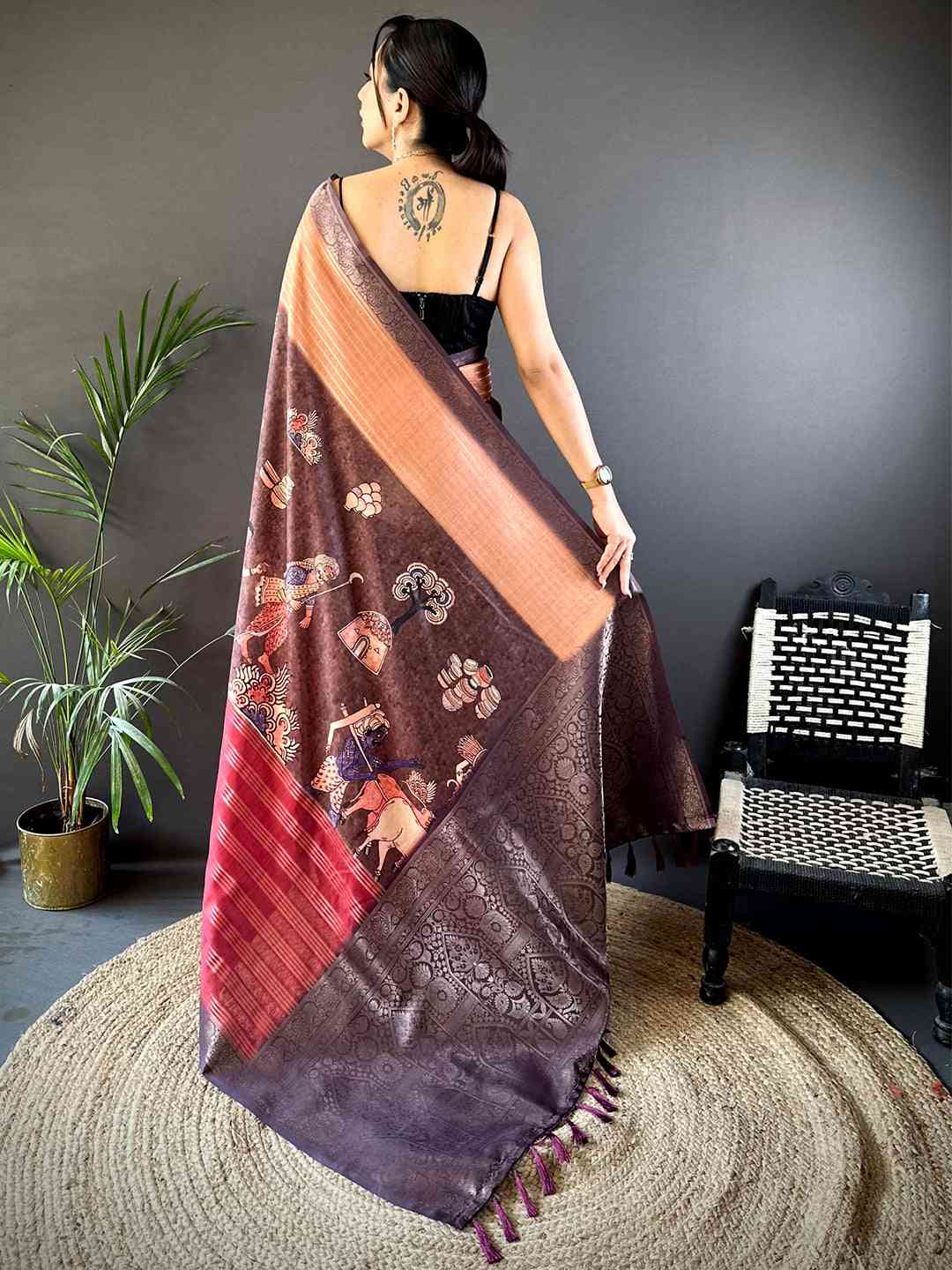 Deep Red Soft Crepe Silk Digital Ombre Saree by My Store
