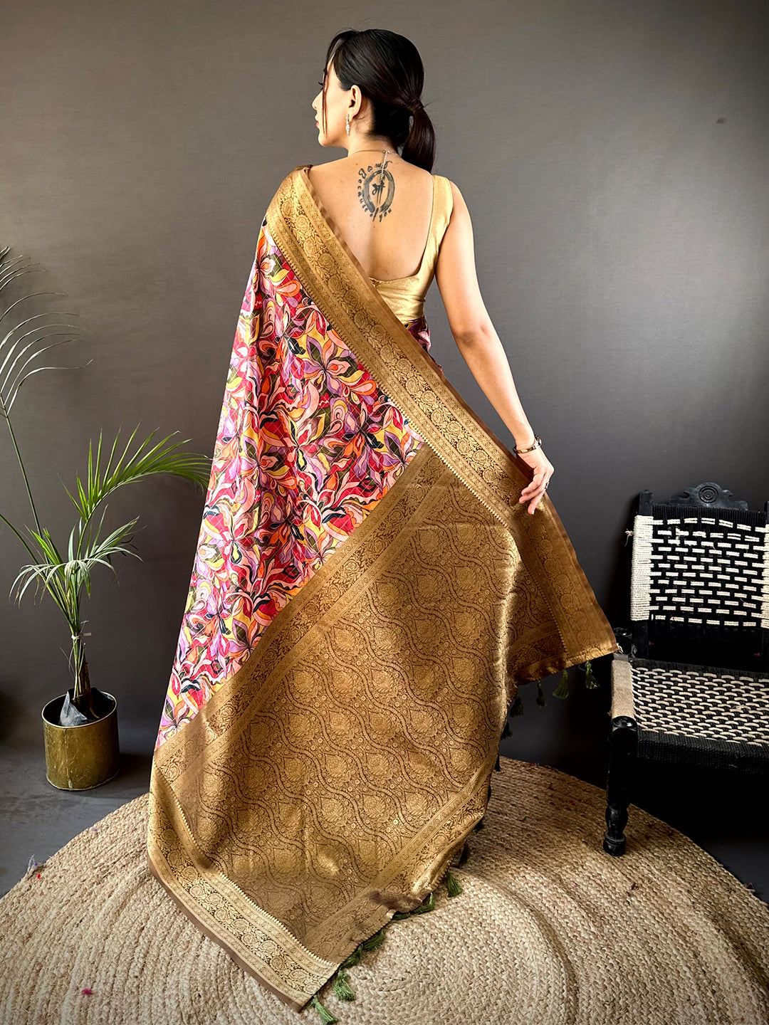 Brown Soft Gadwal Pattu Geometric Saree by My Store