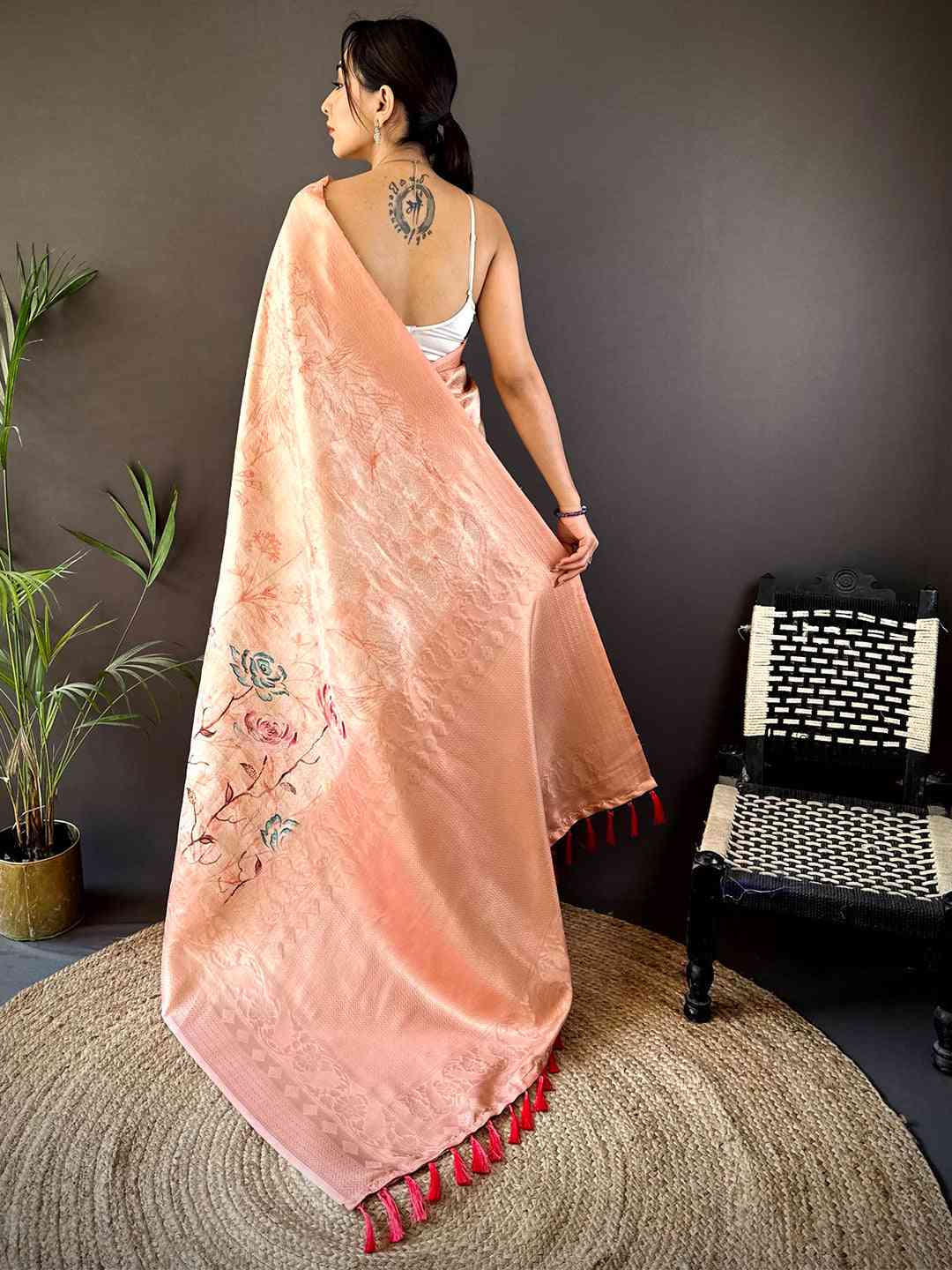 Salmon Pink Kanjivaram Digital Silk Saree by My Store