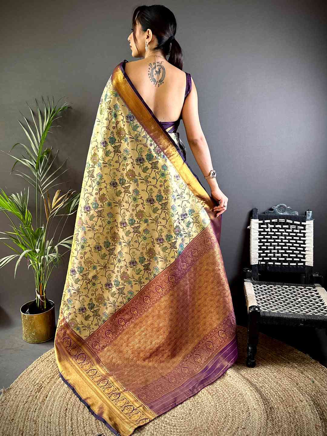 Graceful Brown Butterfly Floral Dharmavaram Saree by My Store