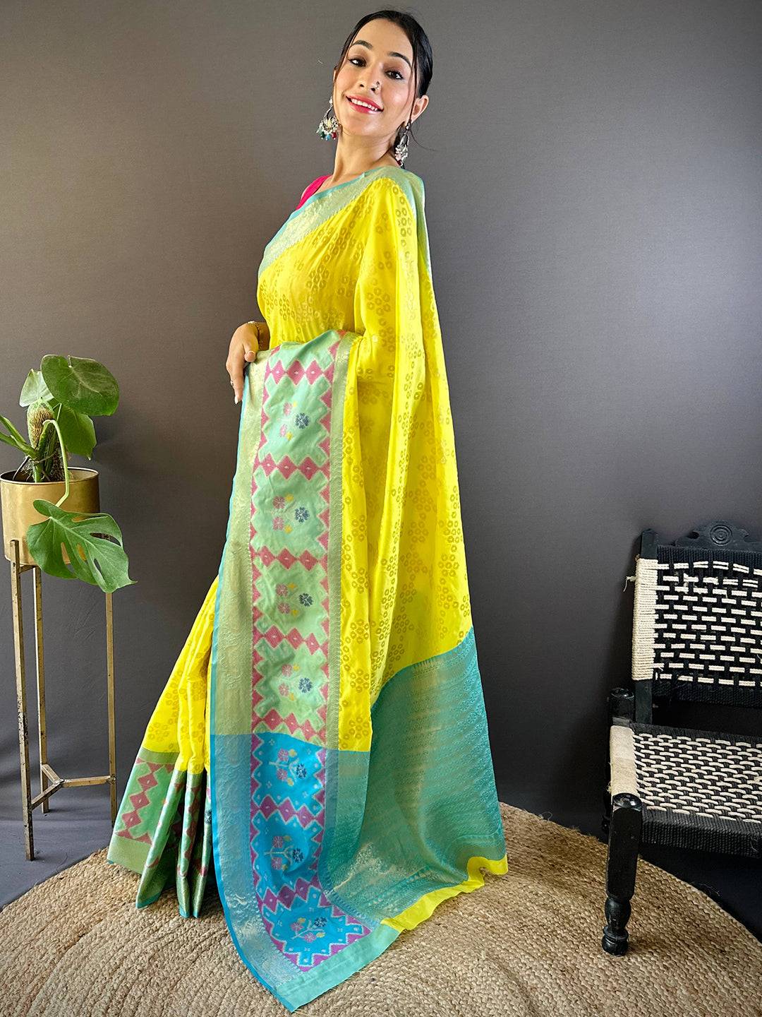 Lime Yellow Katan Silk Ikkat Saree by My Store