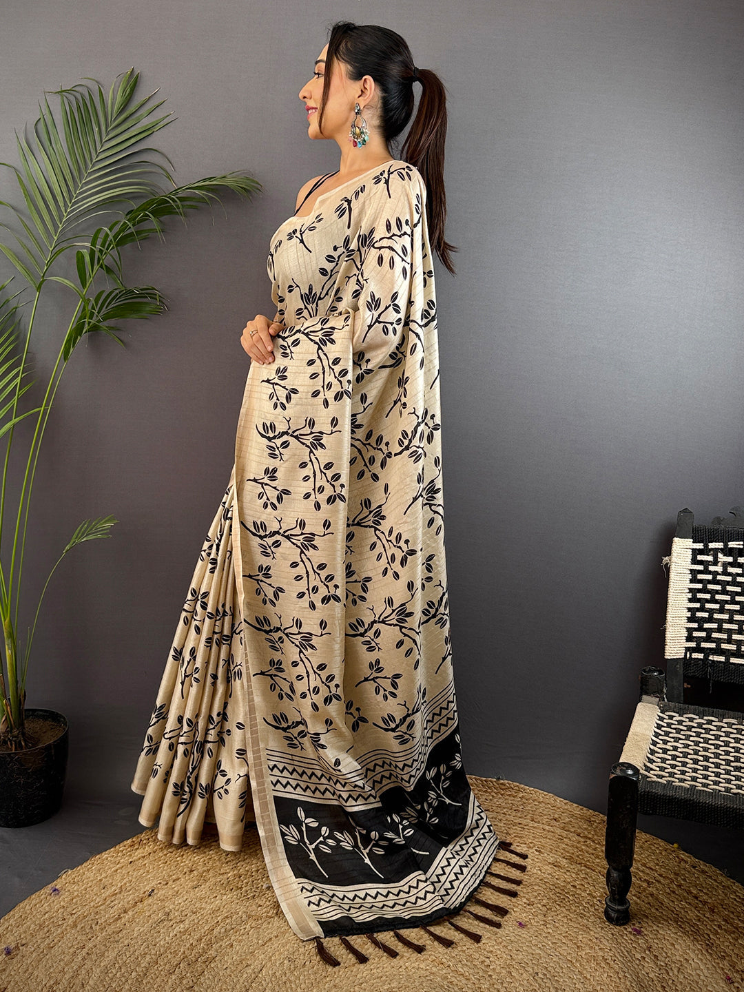 Cream Ghicha Leaf Print Saree by My Store