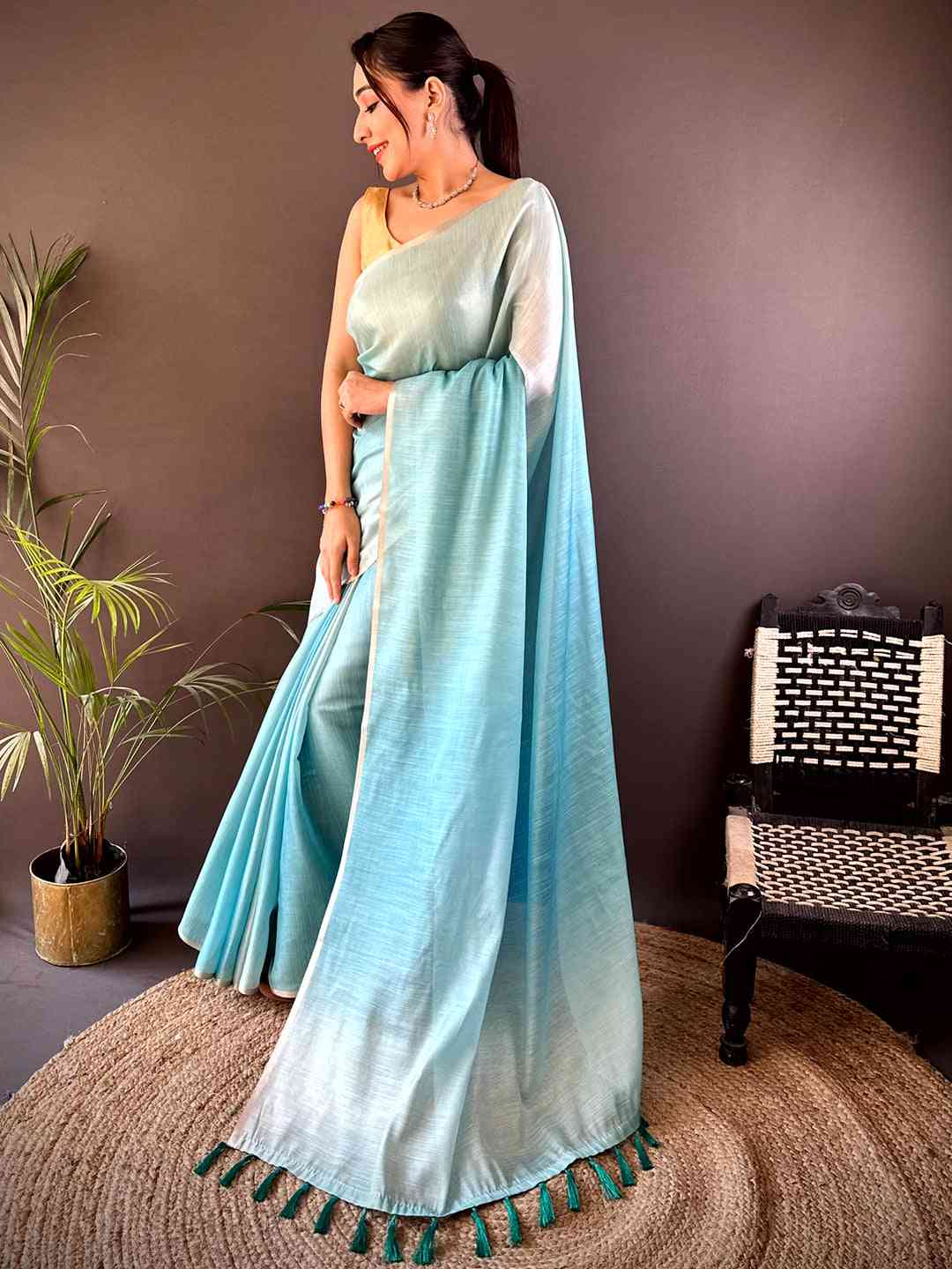 Sky Blue Ombre Chanderi Tissue Saree by My Store