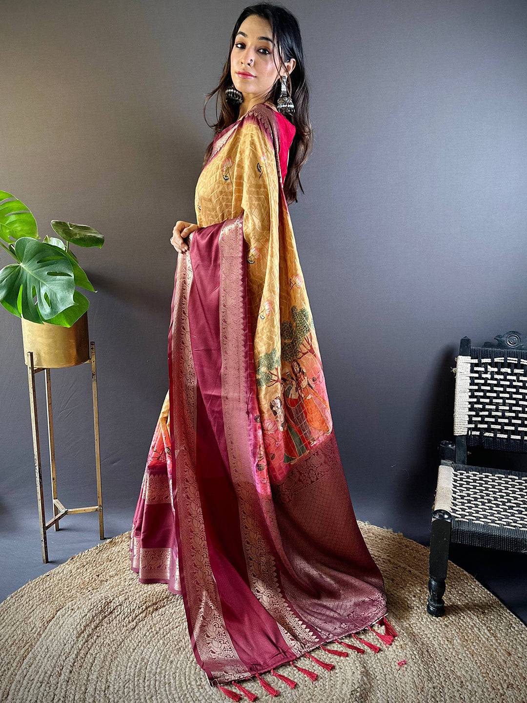 Mustard Banarasi Pichwai Print Saree by My Store