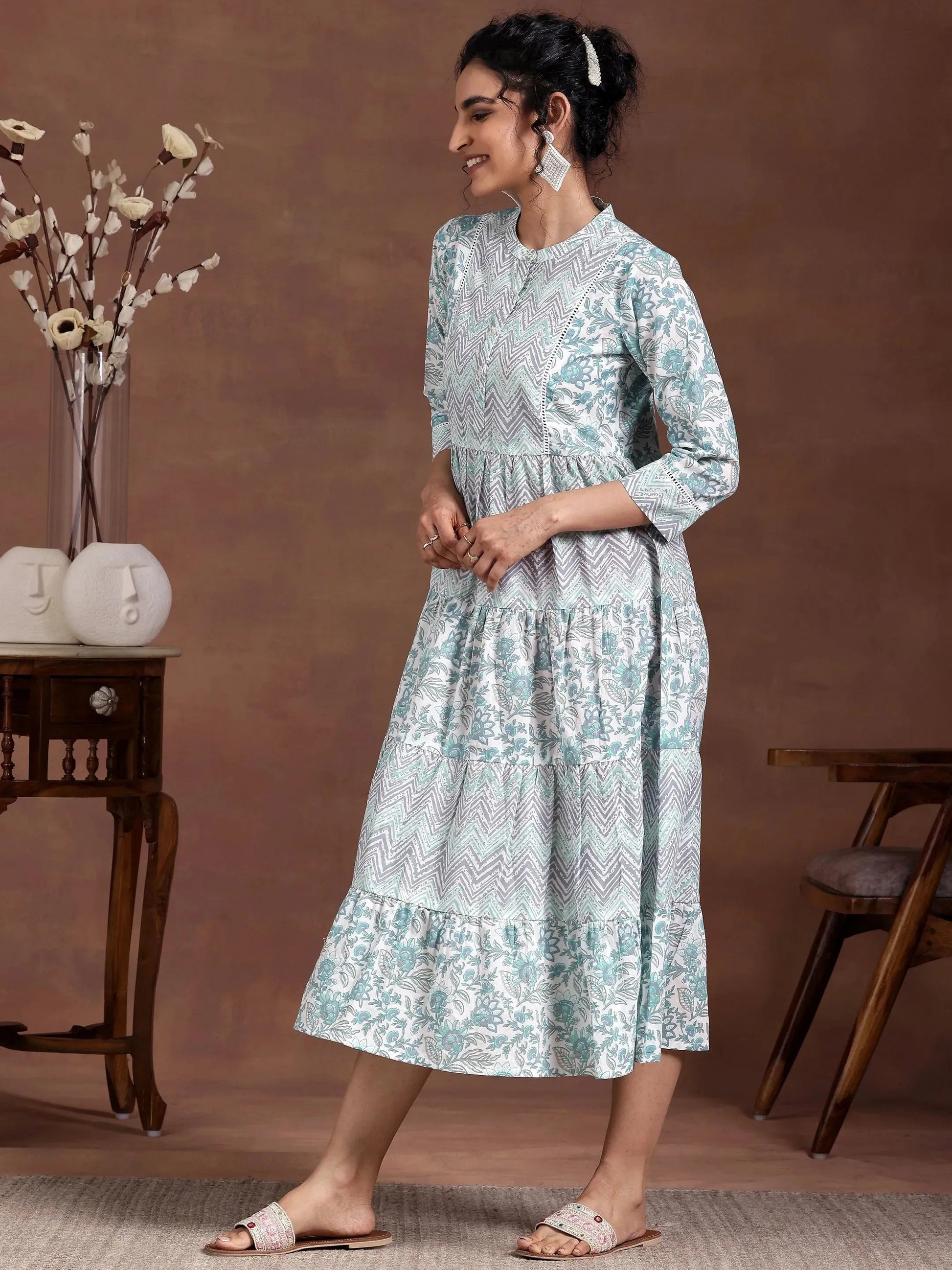 Off White Printed Cotton A-Line Dress by My Store