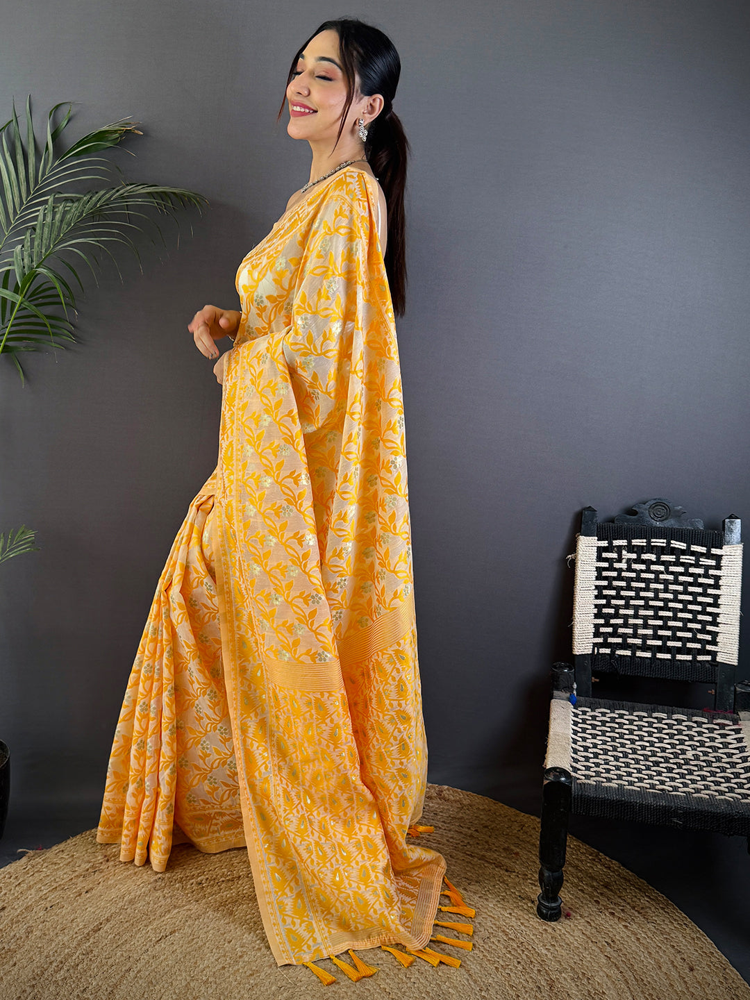Gold Soft Dhakai Jamdani Silk Saree by My Store
