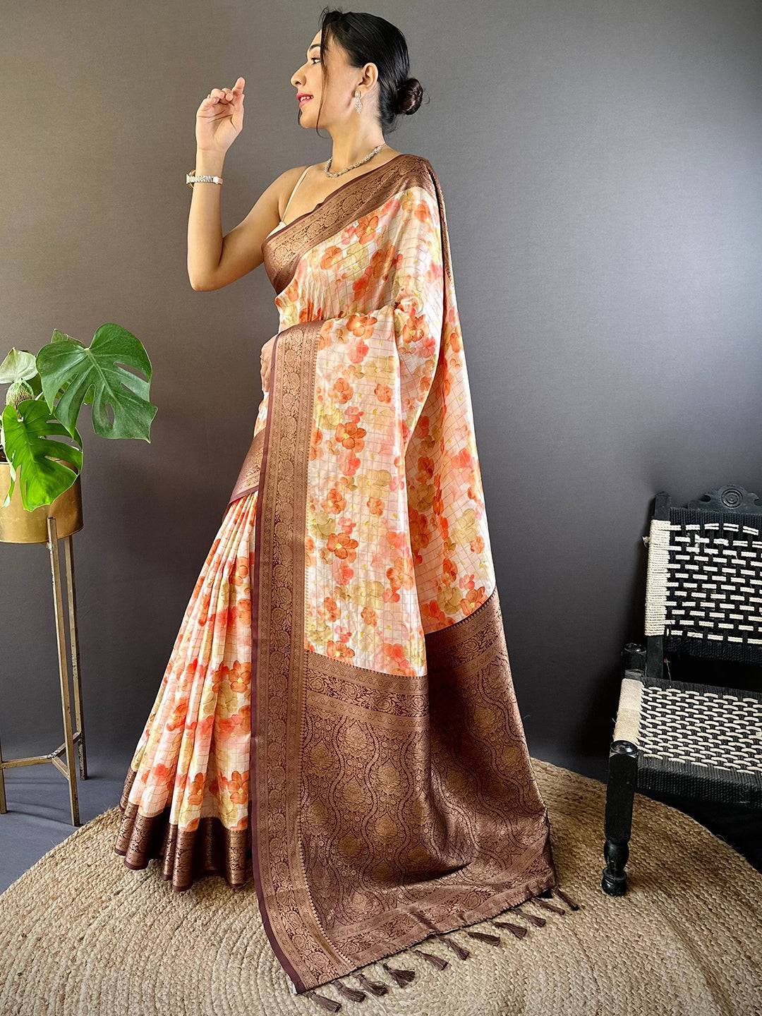 Sunset Orange Floral Saree by My Store