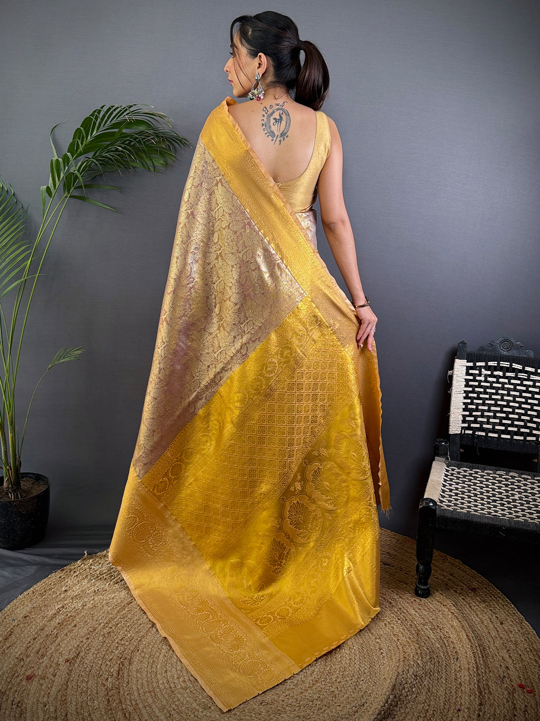Blush Pink Golden Threadwork Dharmavaram Saree by My Store