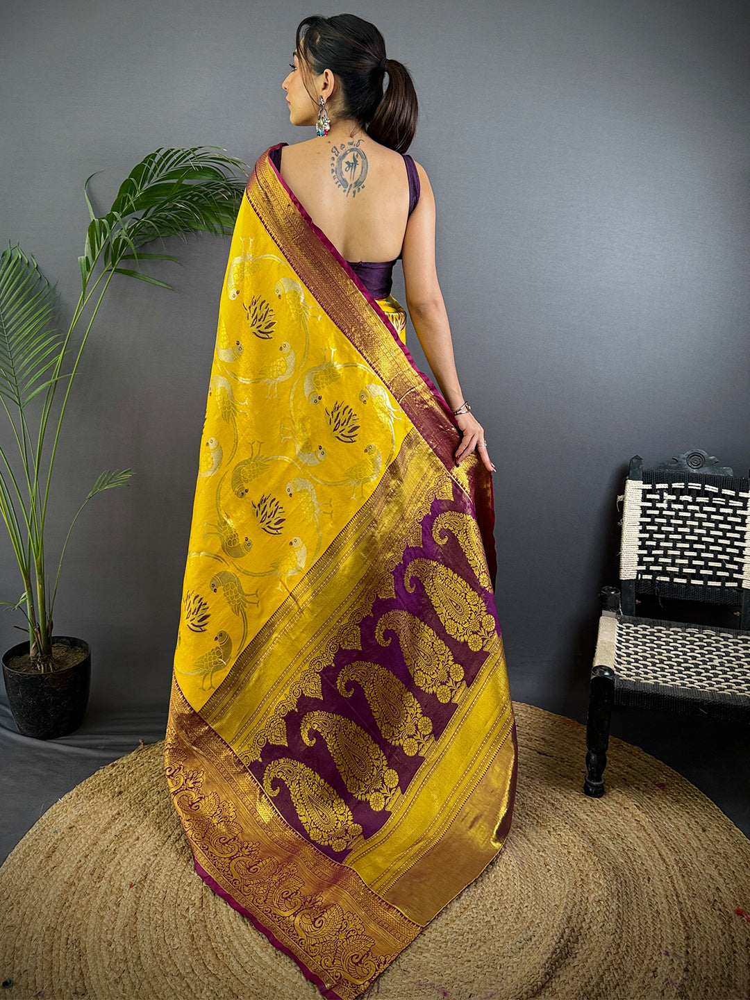 Yellow Dharmavaram Gold Birds Print Saree