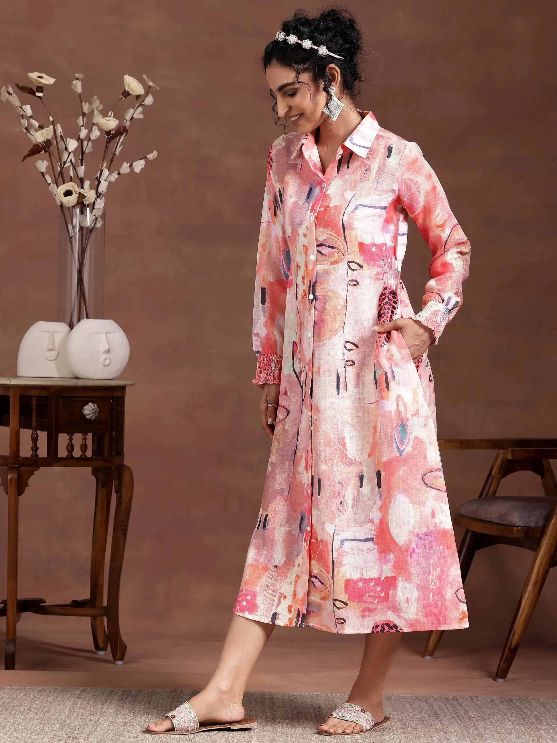 Peach Printed Cotton Blend A-Line Dress by My Store