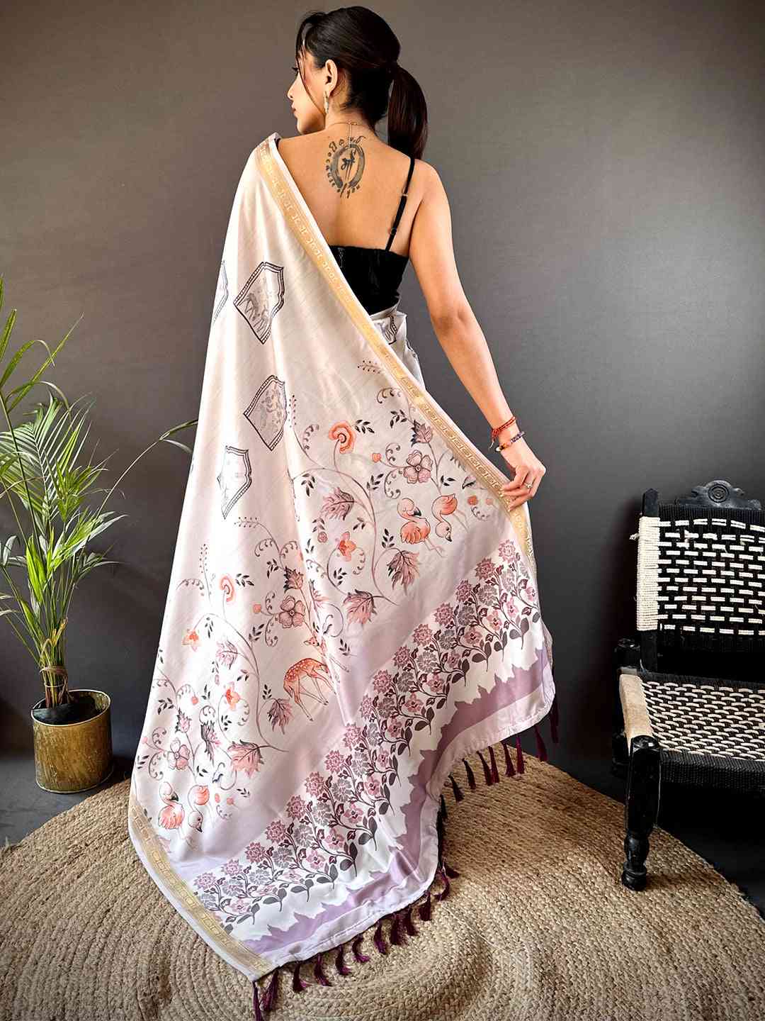 Lavender Forest Phulkari Kalamkari Print Saree by My Store