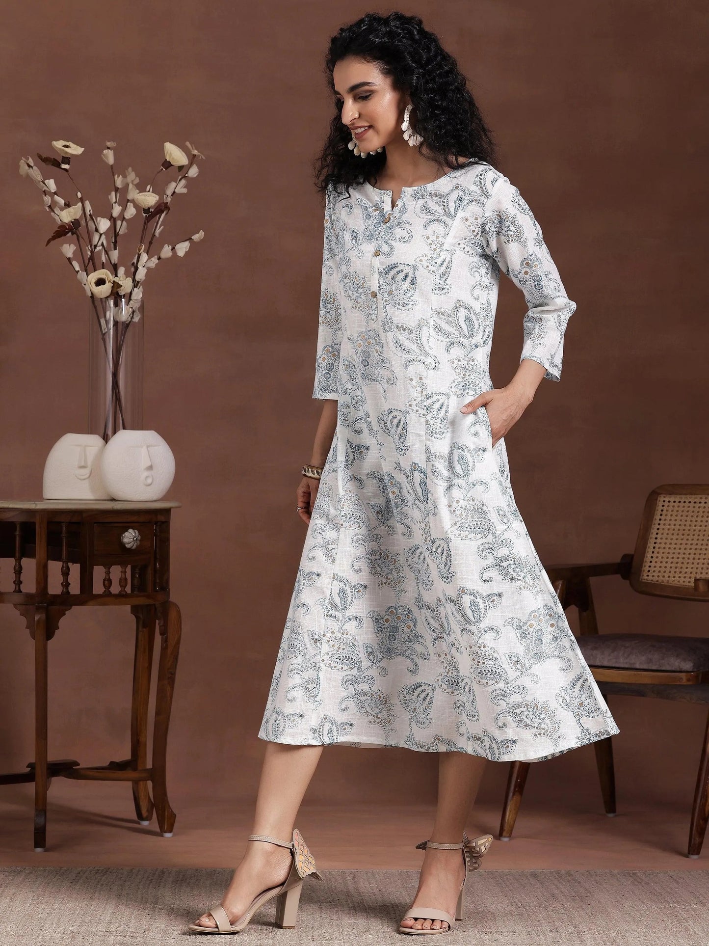 White Printed Cotton A-Line Dress