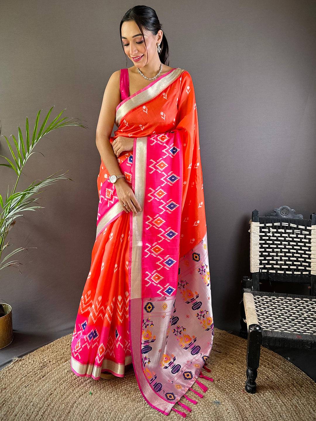 Orange Ikkat Paithani Soft Silk Saree by My Store