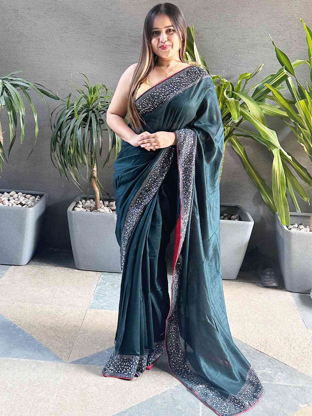 Dark Green colour Vichitra Silk Saree With Embellish Swarovski Stone work by My Store