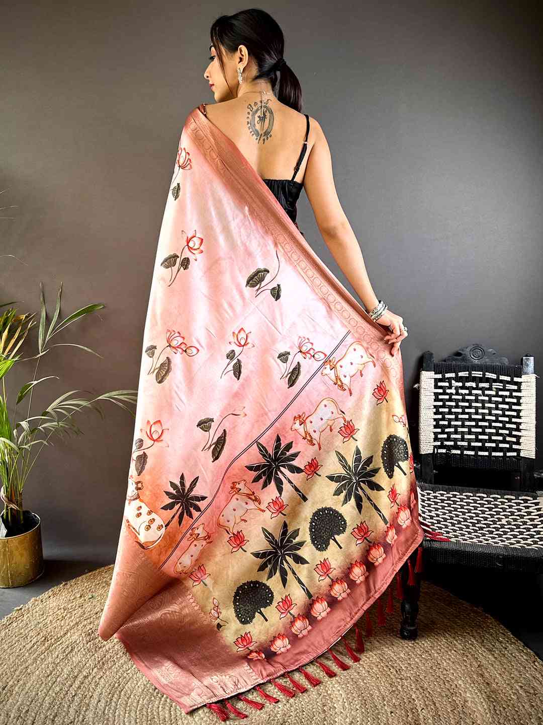Blush Pink Pichwai Print Soft Silk Saree by My Store