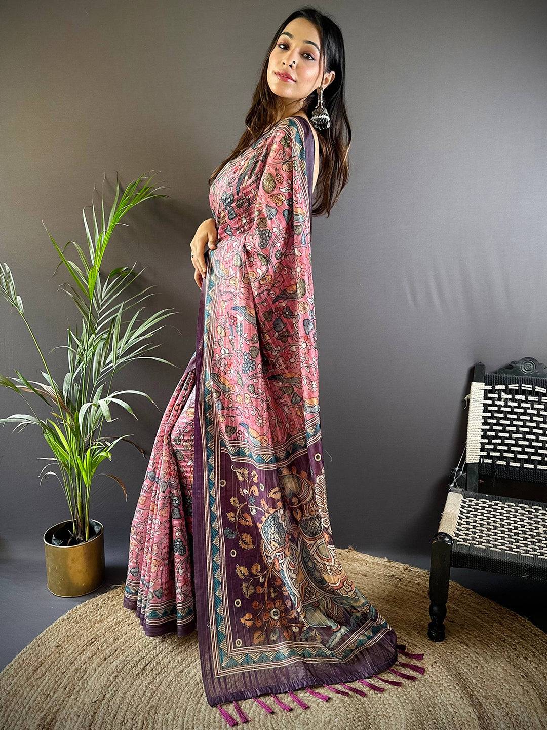 Pink Kalamkari Stripes Chanderi Saree by My Store