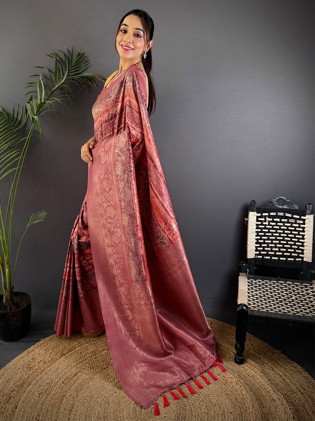 Rust Red Kanjivaram Silk Digital Print Saree by My Store