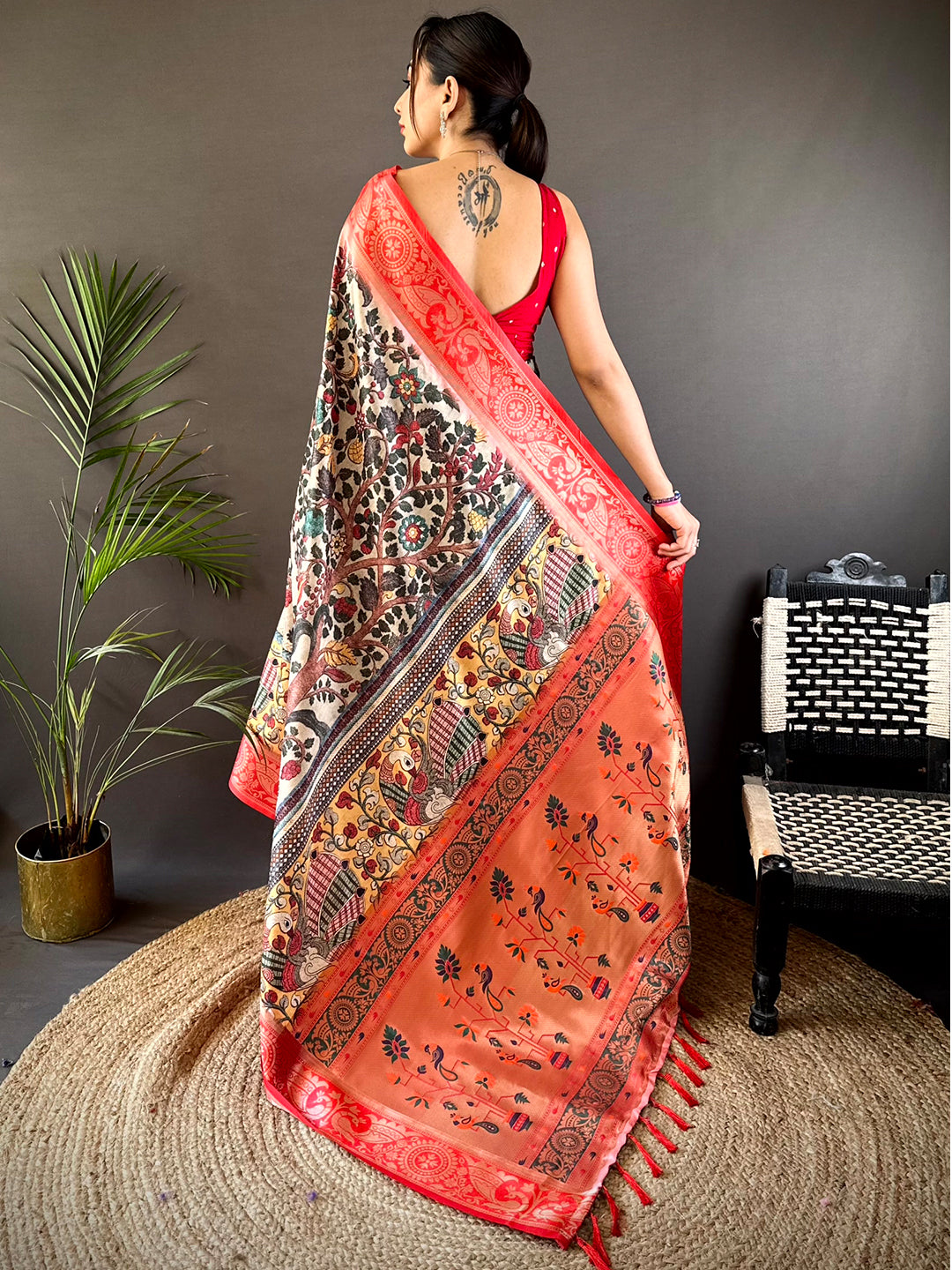 Cream Yevla Pathani Soft Silk Saree by My Store