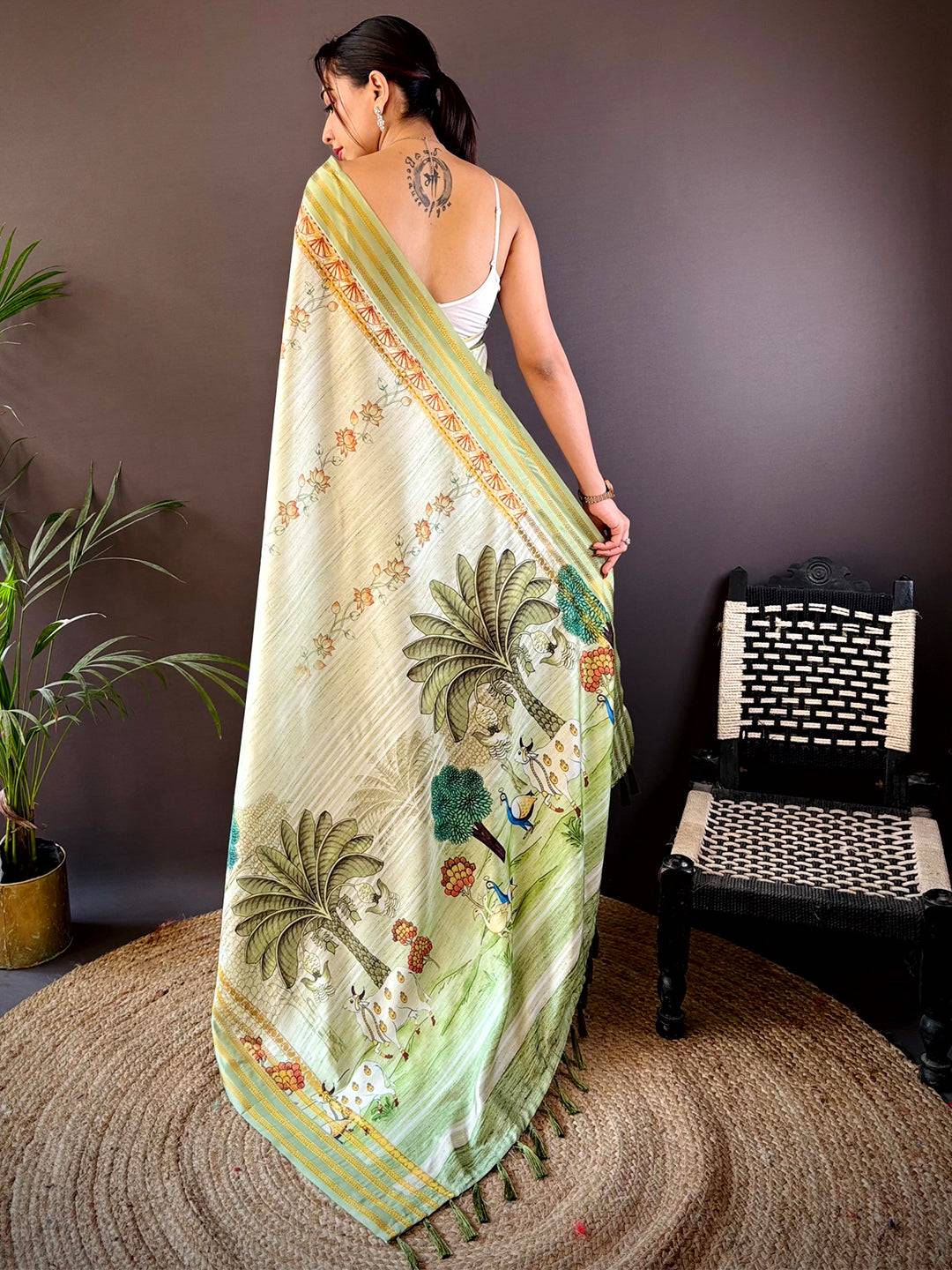 Elegant Soft Silk Pista Pichwai Prints Saree by My Store