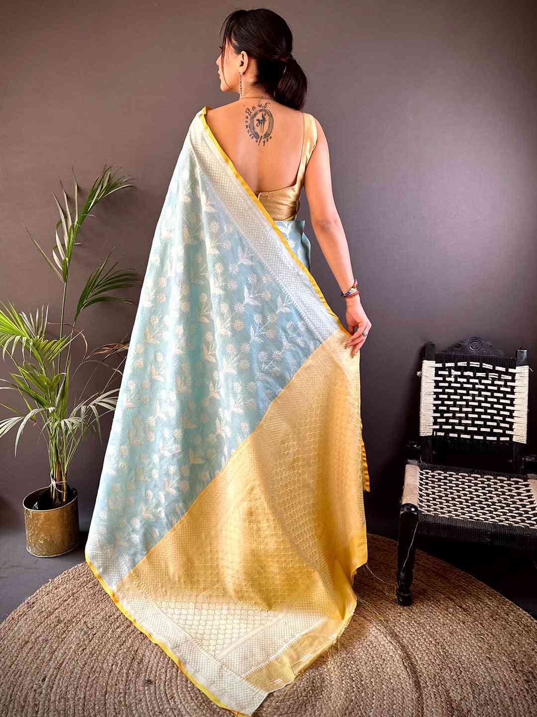 Sky Blue Kota Kora Zari Floral Weave Saree by My Store