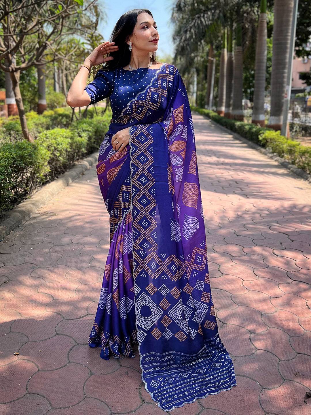 Indigo Georgette Silk Saree with Ombre Bandhej Print & Swaroski Stone Work by My Store