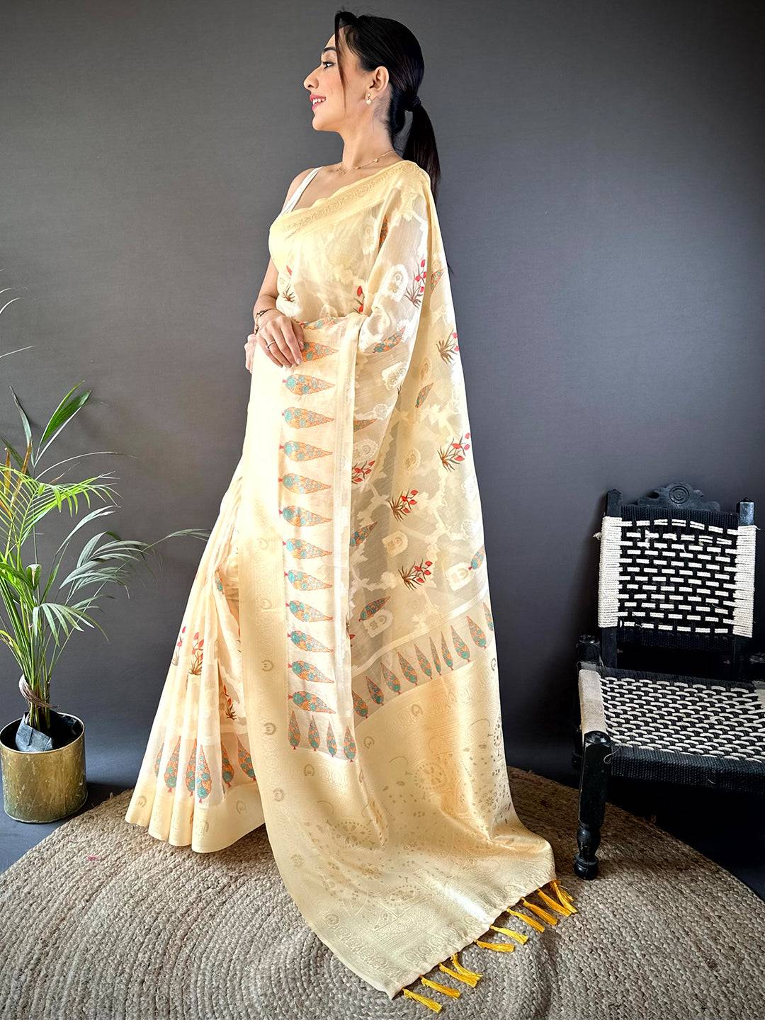 Cream Lakhani Cotton Kalamkari Print Saree by My Store
