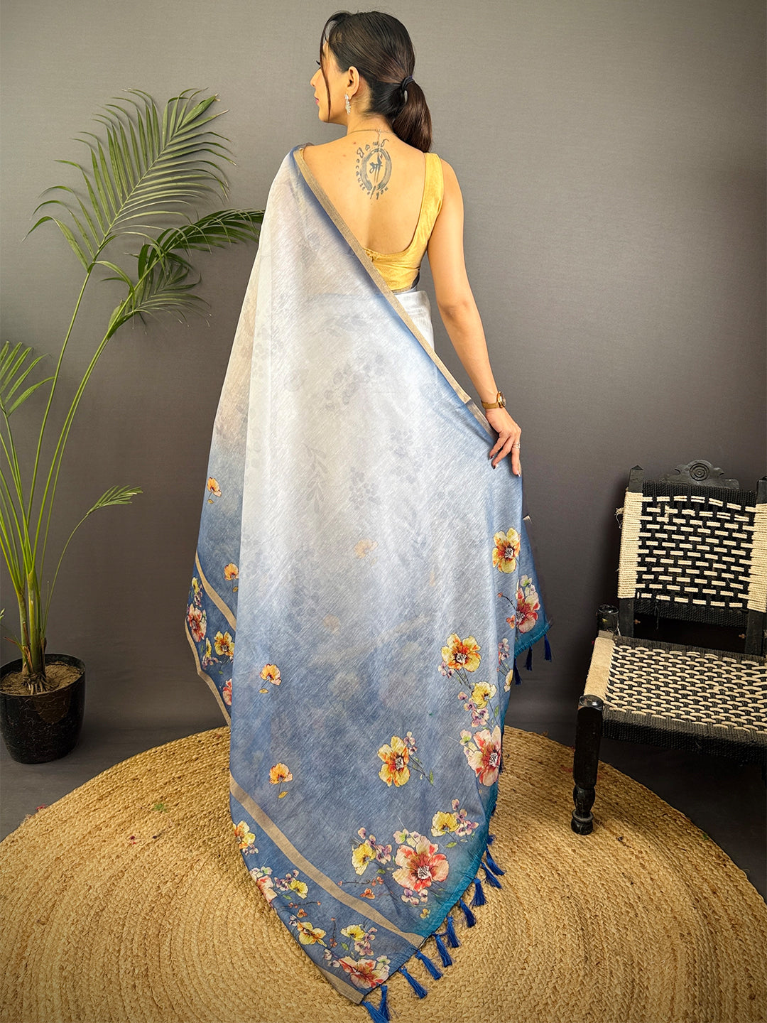 Denim Blue Linen Chanderi Floral Print Saree by My Store