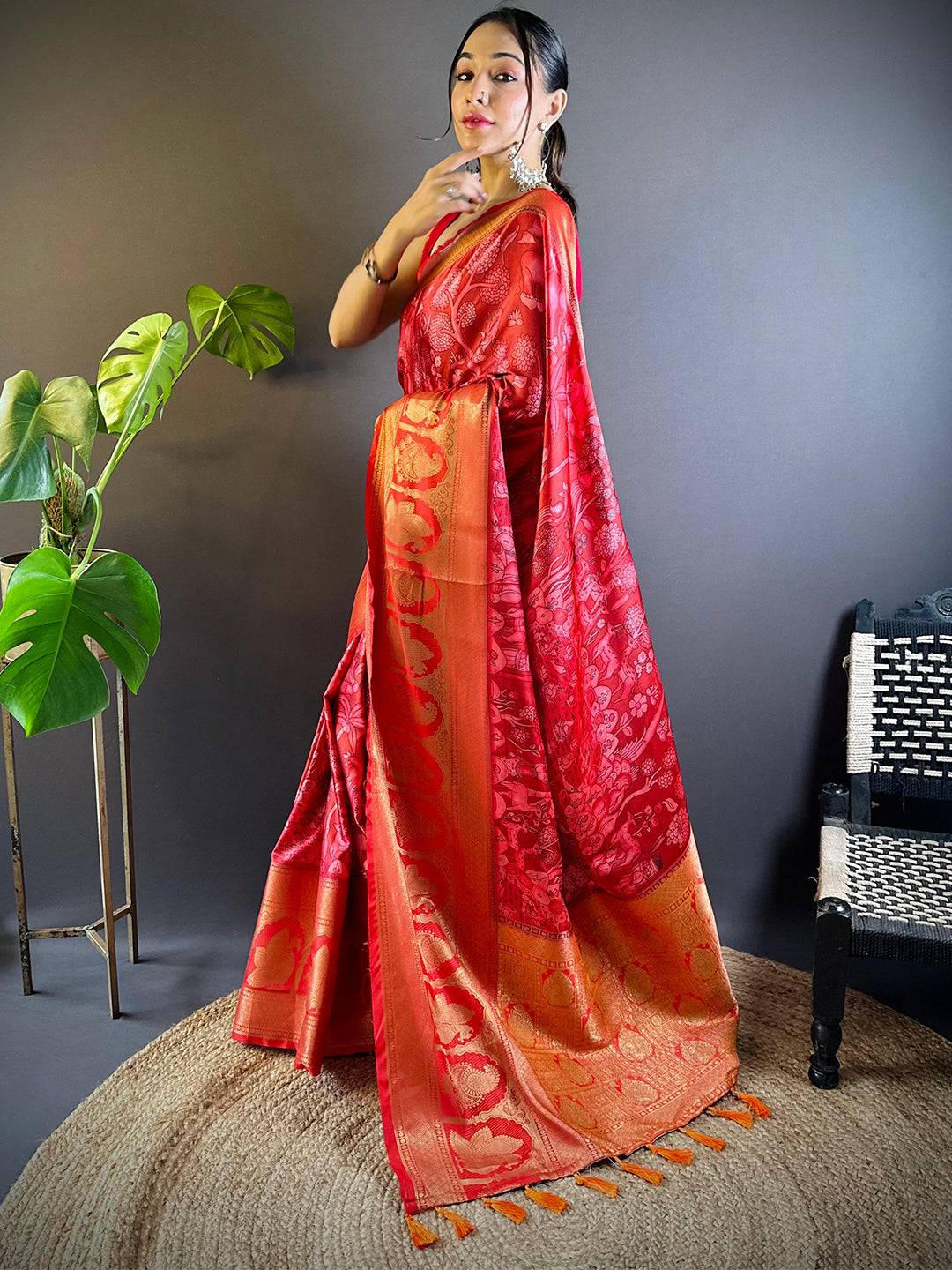 Red Charry Satin Floral Saree by My Store