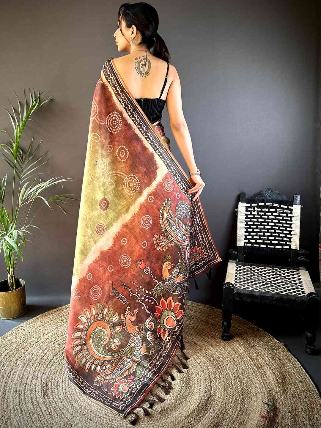 Olive Kalamkari Bandhani Chanderi Saree by My Store
