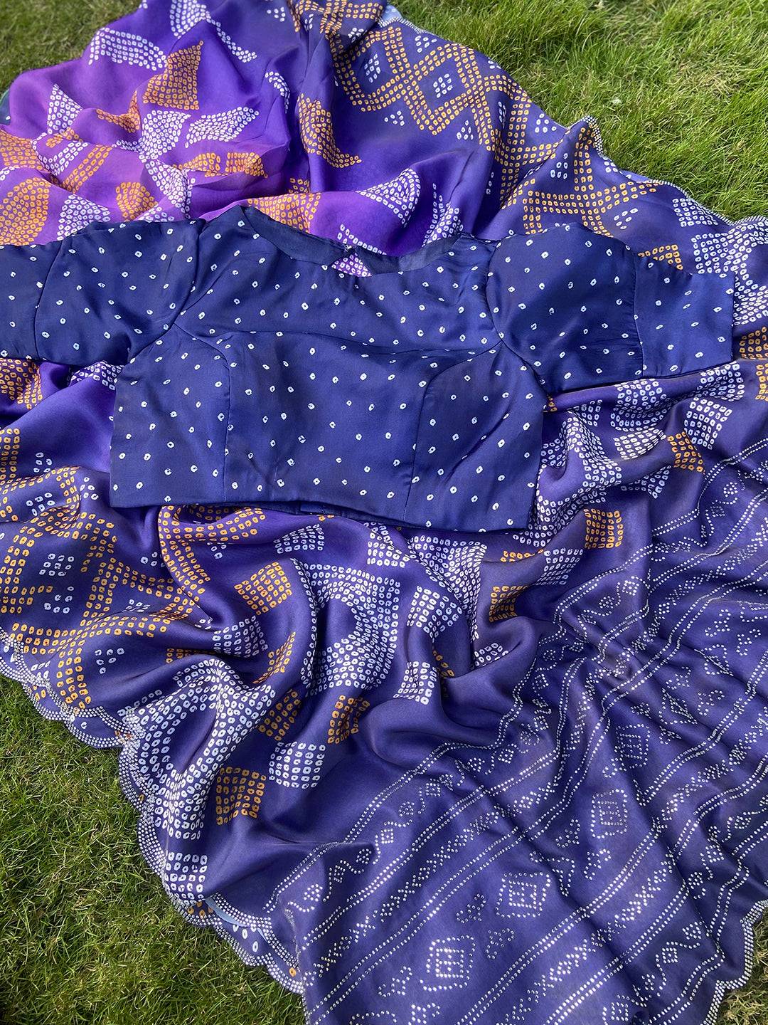 Indigo Georgette Silk Saree with Ombre Bandhej Print & Swaroski Stone Work by My Store