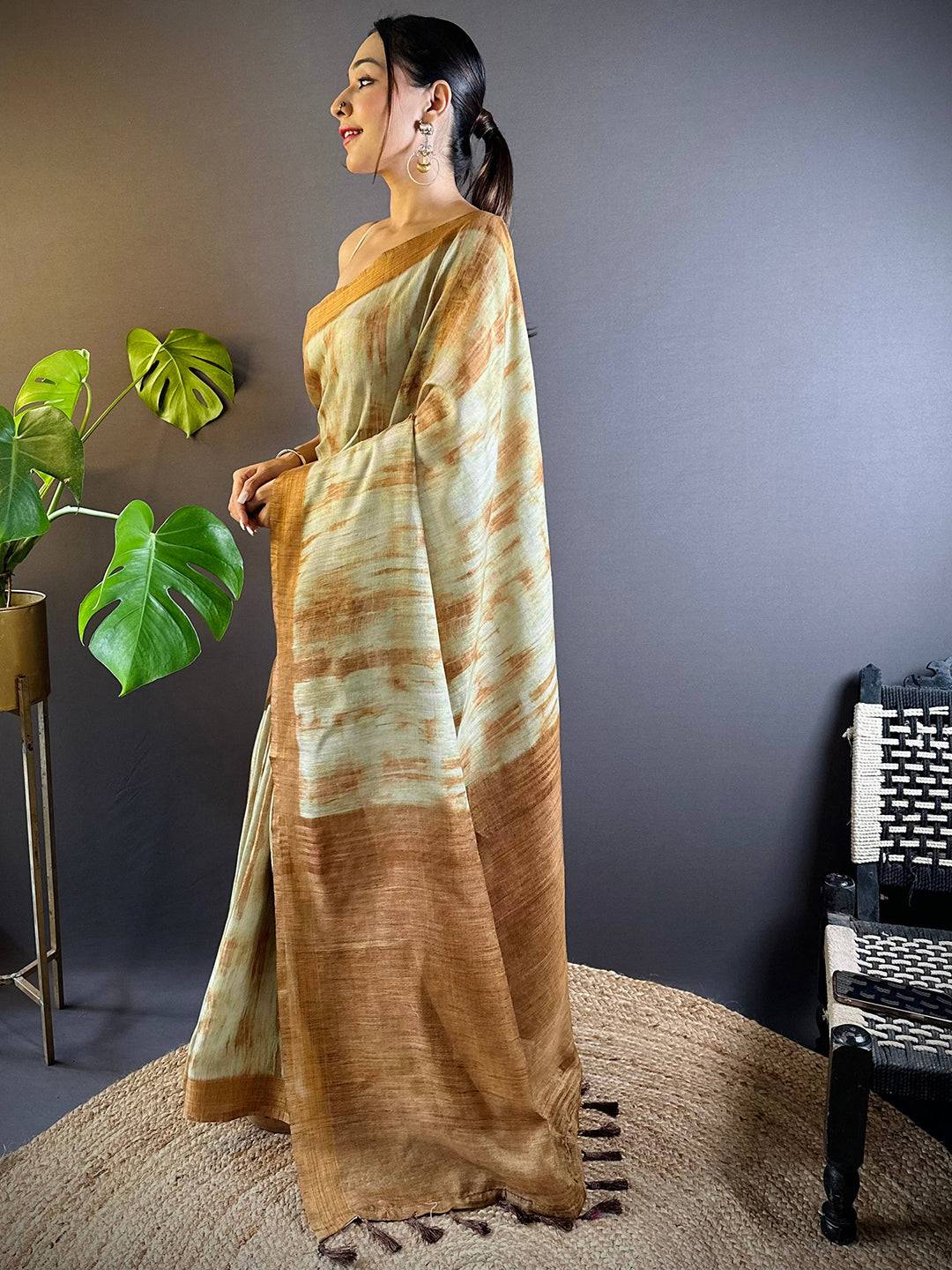 Dusty Green Shibori Print Linen Saree by My Store