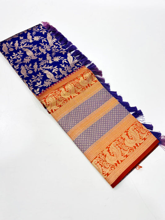Peacock Royal Blue Banarasi Silk Saree by My Store