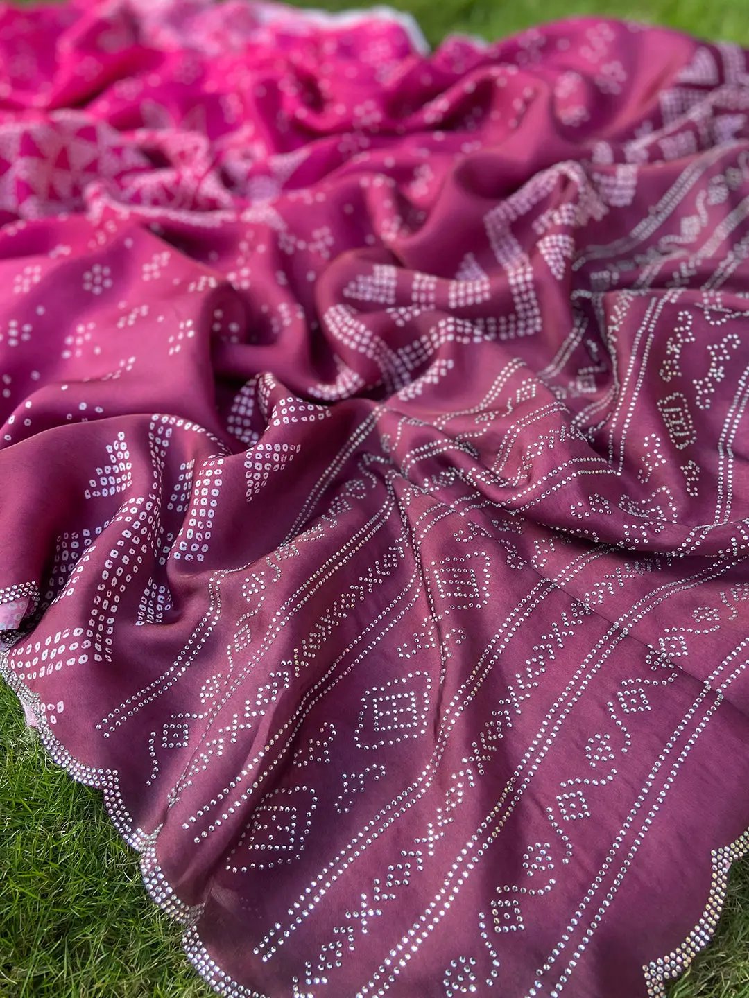 Rani Georgette Silk Saree with Ombre Bandhej Print & Swaroski Stone Work