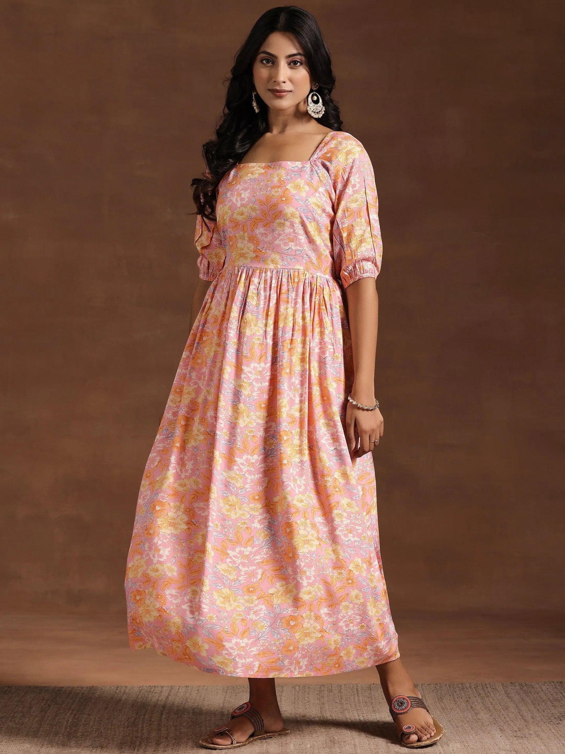 Peach Printed Rayon Fit and Flare Dress by My Store
