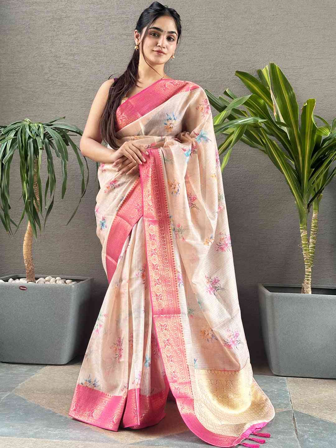 Peach Colour Digital Flower Print Kota Silk Saree by My Store